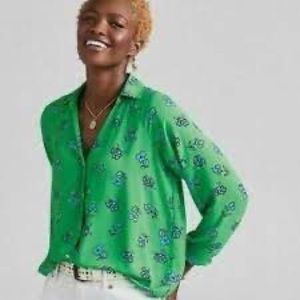 Cabi Go-To Top Button Up Sketchbook Floral Green Blue Blouse Size XXS.